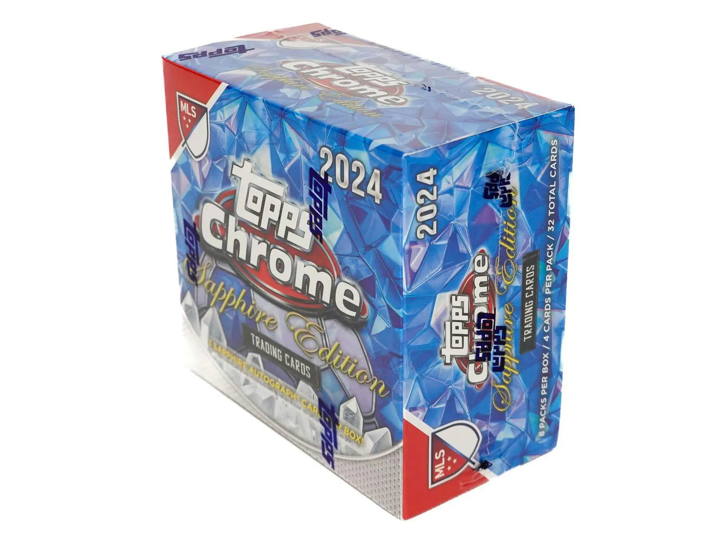 Box of 2024 Topps Chrome MLS Major League Soccer trading cards with blue crystalline design