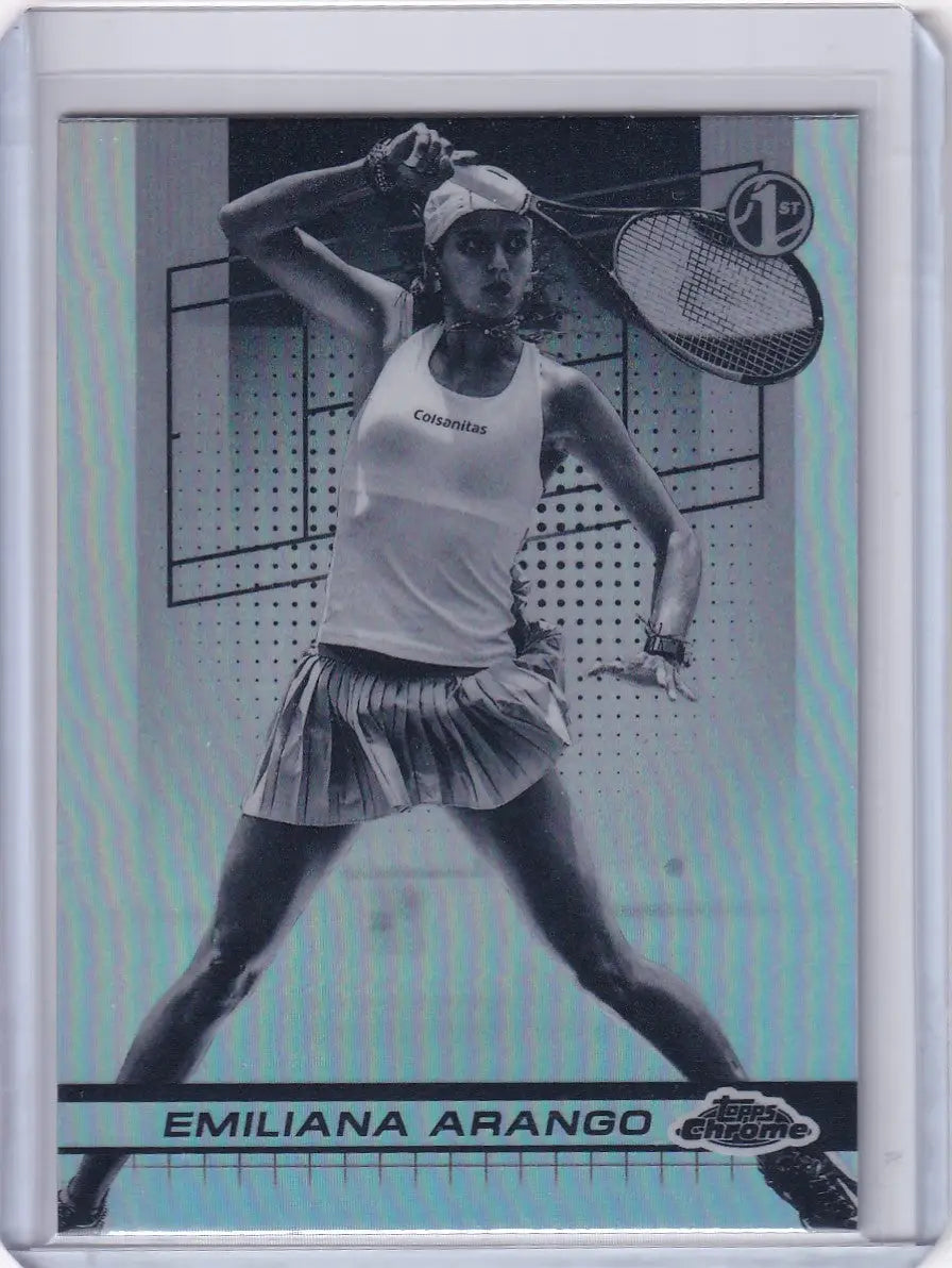 Black and white Topps Chrome Negative Refractor of Emiliana Arango in serve motion