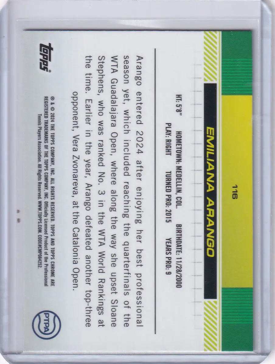 Back of 2024 Topps Chrome Negative Refractor #116 Emiliana Arango with green/yellow stripes