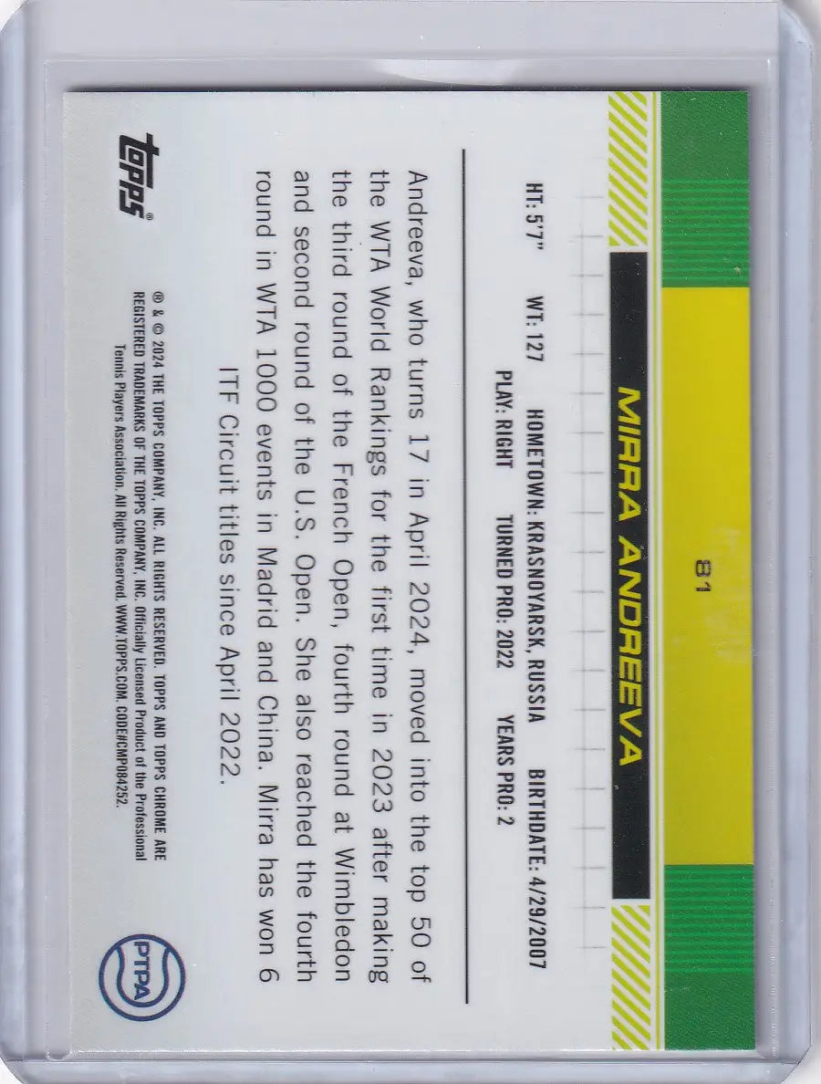 Back side of 2024 Topps Chrome Negative Refractor #81 Mirra Andreeva trading card