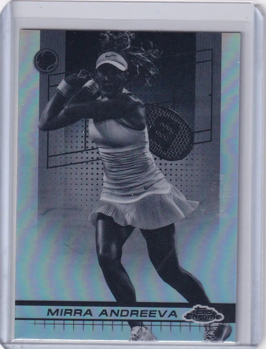 Tennis trading card featuring Mirra Andreeva in white outfit, Topps Chrome Negative Refractor