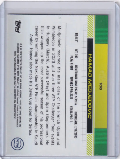 Back side of Topps Chrome Prizm Refractor #106 Hamad Medjedovic with colorful stripes