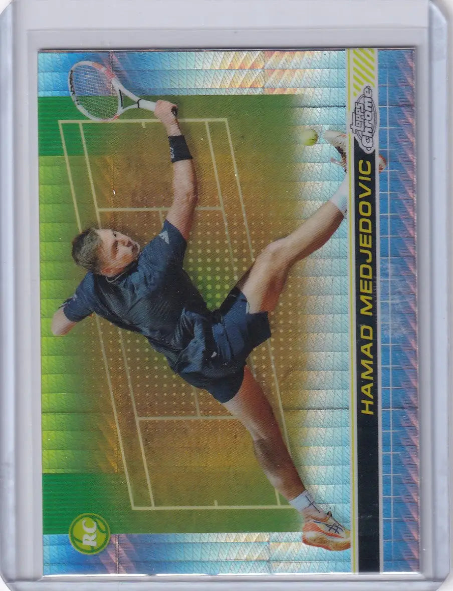 Holographic Topps Chrome Prizm Refractor card of Hamad Medjedovic serving