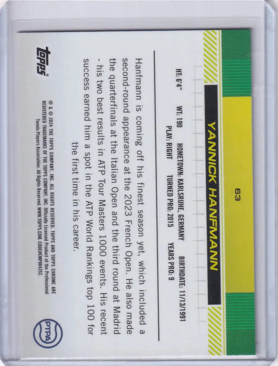 Back side of 2024 Topps Chrome Prizm Refractor #63 Yannick Hanfmann trading card