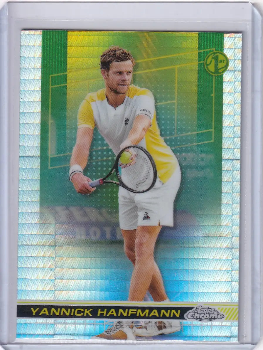 Tennis player in yellow and white ready to serve for Topps Chrome Prizm Refractor