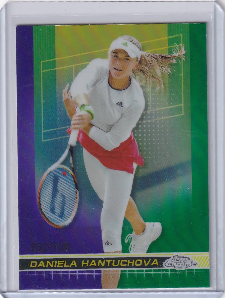 Tennis trading card of Daniela Hantuchova in white attire serving, Topps Chrome Purple Green