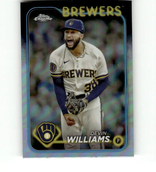 Chrome Refractor Baseball Card of Devin Williams Celebrating for Milwaukee Brewers