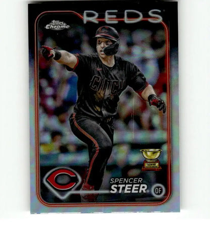 Spencer Steer Cincinnati Reds Baseball Card Topps Chrome Refractor in black uniform