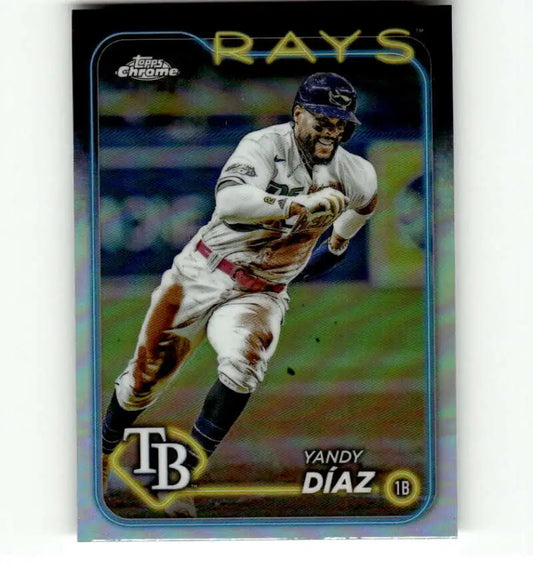 Chrome-finish Yandy Diaz Tampa Bay Rays baseball card with player running on the field