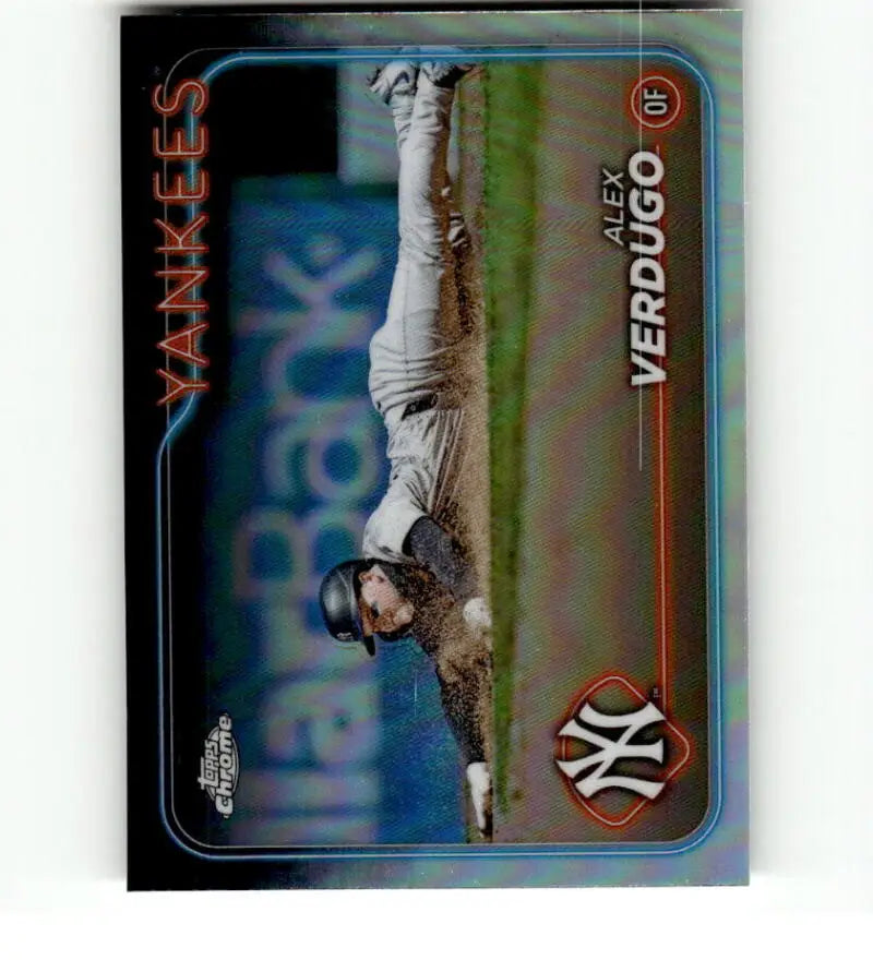 Baseball card of Alex Verdugo sliding into base for New York Yankees in 2024 Topps Chrome Refractor