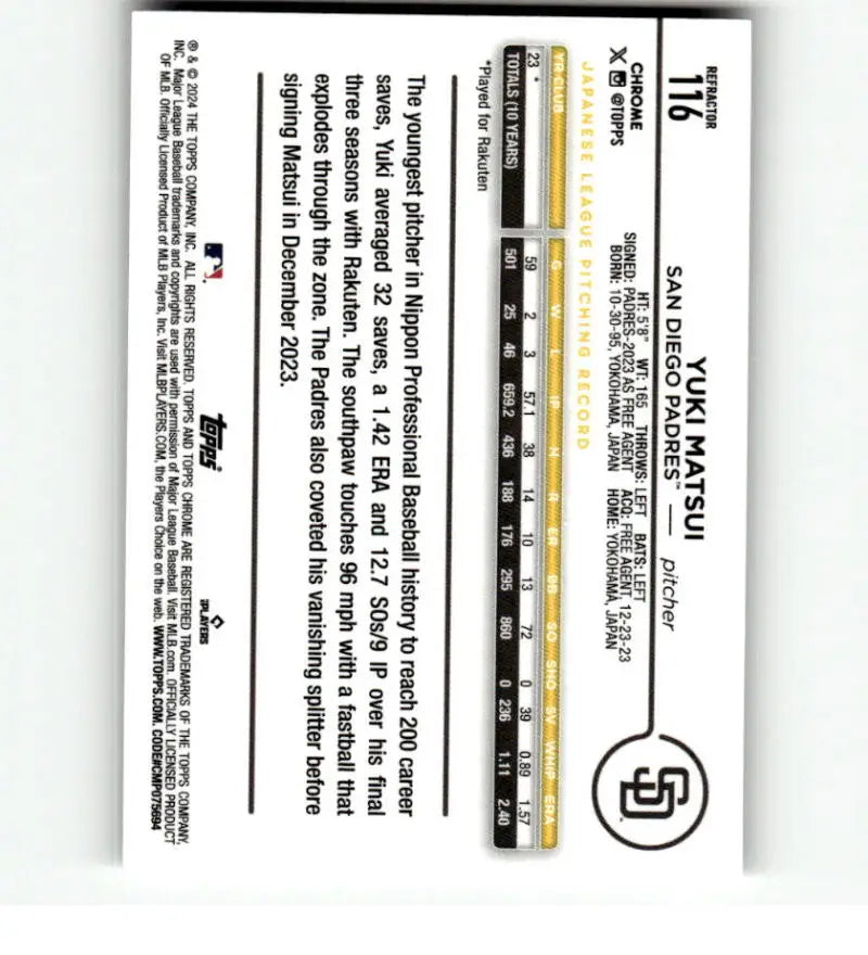 Black and yellow ruler showcasing measurements next to 2024 Yuki Matsui San Diego Padres card