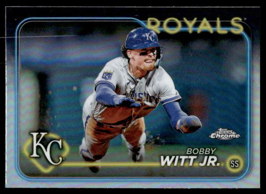 Bobby Witt Jr. sliding on 2024 Topps Chrome Refractor baseball card for Kansas City Royals