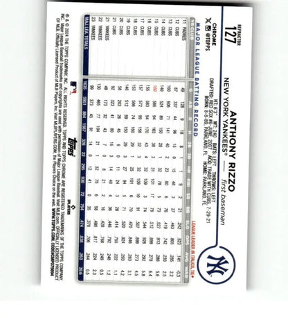 Anthony Rizzo Topps Chrome Refractor #127 baseball card with player statistics for Yankees
