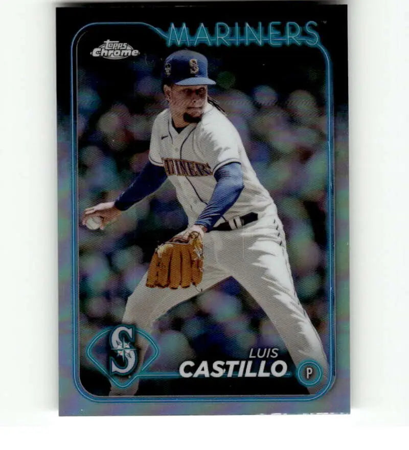 Baseball card of Luis Castillo in white uniform, delivering pitch for Topps Chrome collection