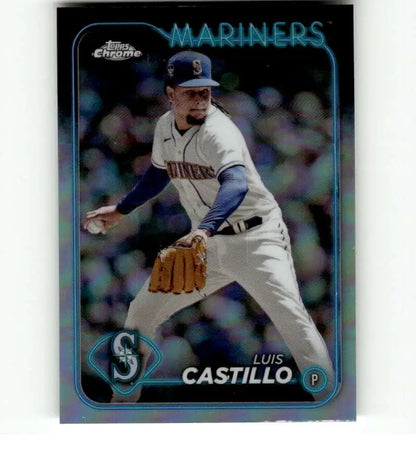 Baseball card of Luis Castillo in white uniform, delivering pitch for Topps Chrome collection