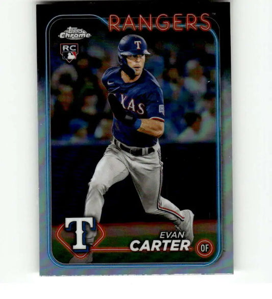 Baseball card of Evan Carter in Texas Rangers uniform at bat, 2024 Topps Chrome Refractor