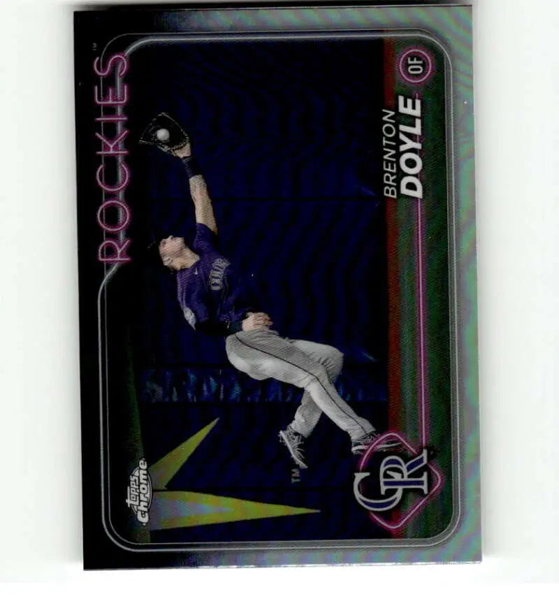 Brenton Doyle making a leaping catch on 2024 Topps Chrome Refractor Colorado Rockies card