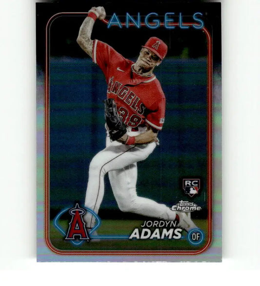 Baseball card of Jordyn Adams in red uniform, pitching for Los Angeles Angels