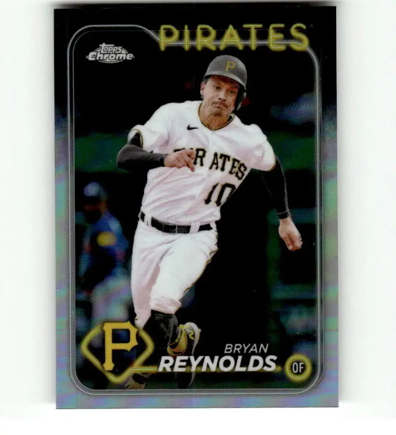 Baseball card of Bryan Reynolds in a white uniform from Topps Chrome Refractor