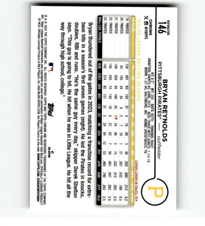 Bryan Reynolds Topps Chrome Refractor card featuring detailed player statistics and metrics