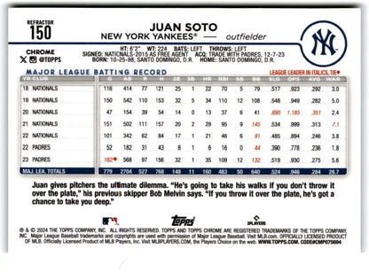 Juan Soto New York Yankees baseball card showcasing stats and batting record