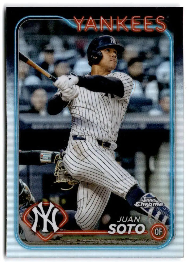 Baseball card of Juan Soto in New York Yankees pinstripes at bat, Topps Chrome Refractor