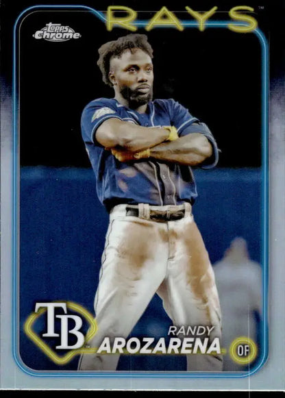 Randy Arozarena in blue jersey on 2024 Topps Chrome Refractor Tampa Bay Rays card