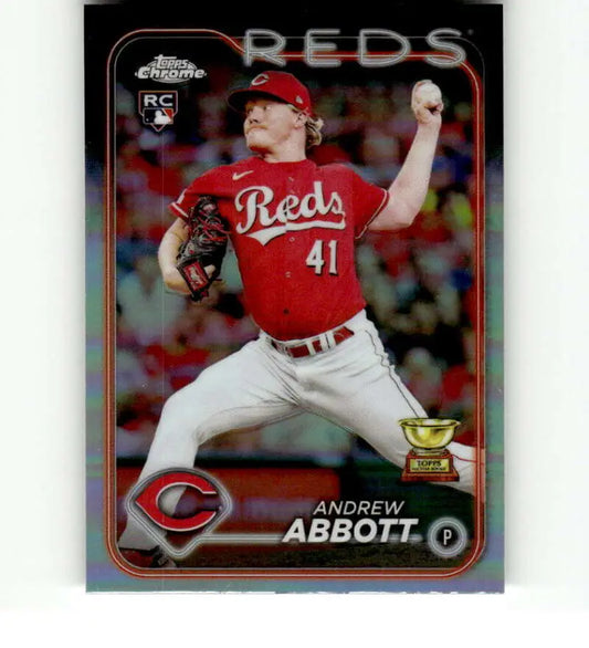 Baseball card of Andrew Abbott in red uniform, Cincinnati Reds pitcher, 2024 Topps Chrome