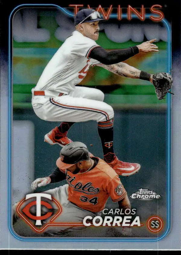 Carlos Correa jumping over Baltimore Orioles player on 2024 Topps Chrome Refractor card