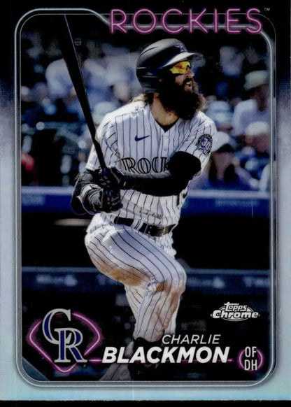 Charlie Blackmon baseball card in pinstriped uniform for Colorado Rockies at bat