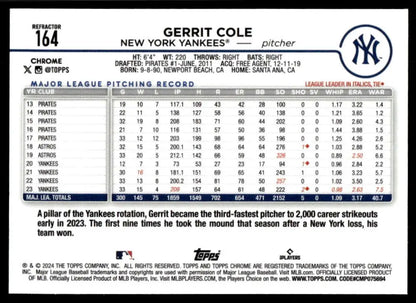 Baseball card featuring Gerrit Cole stats from Topps Chrome Refractor for New York Yankees