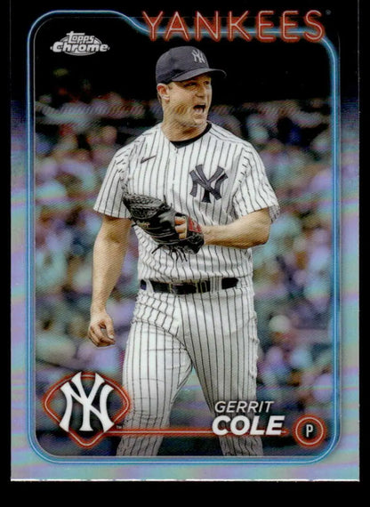 Chrome-finish Topps Chrome Refractor baseball card of Gerrit Cole in Yankees uniform