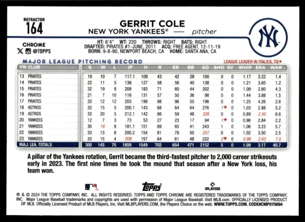 Baseball card of Gerrit Cole showcasing career stats for New York Yankees Topps Chrome Refractor