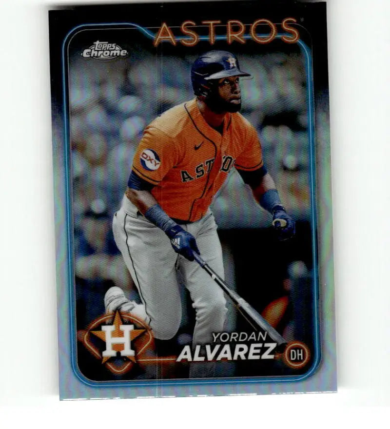 Baseball card of Yordan Alvarez in orange jersey for Houston Astros at bat