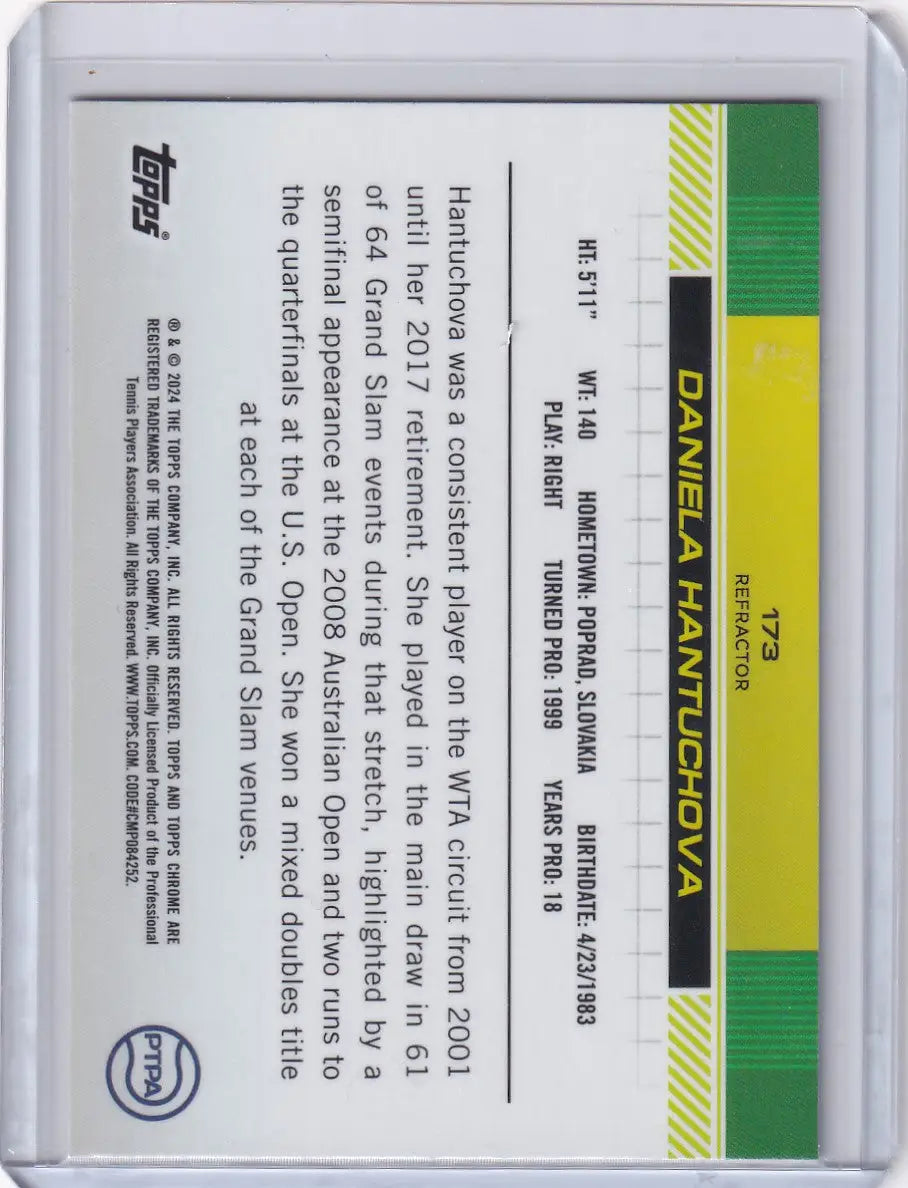 Back side of 2024 Topps Chrome Refractor #173 Daniela Hantuchova with green/yellow design