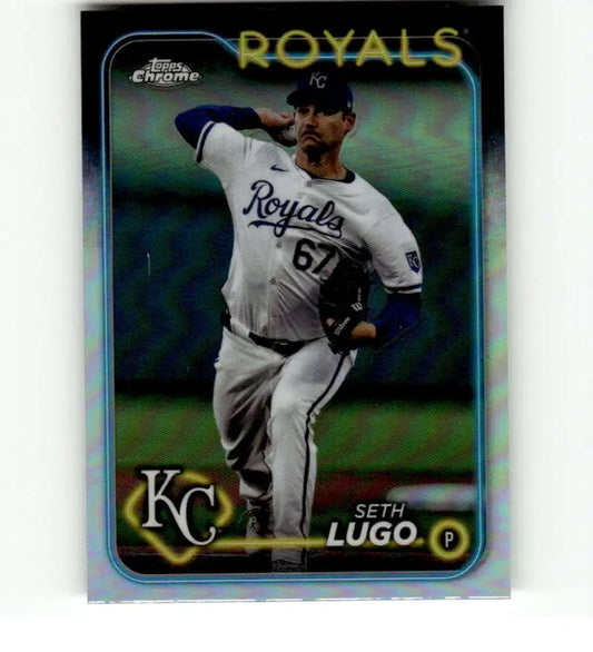 Baseball card of Seth Lugo in white uniform, 2024 Topps Chrome Refractor #181