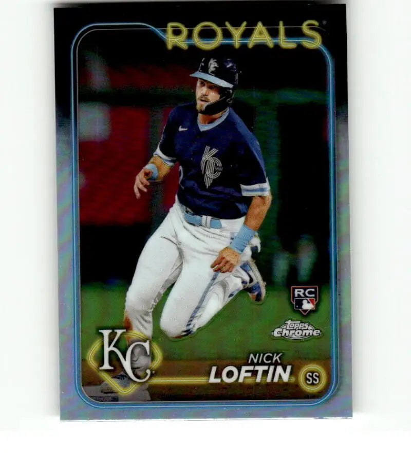 Nick Loftin running the bases on a Topps Chrome Refractor baseball card for Kansas City Royals