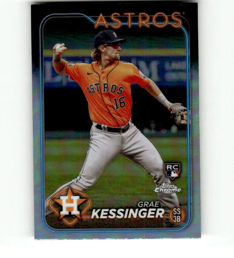 Grae Kessinger pitching in an orange jersey on 2024 Topps Chrome Refractor card