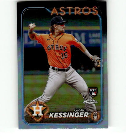 Grae Kessinger pitching in an orange jersey on 2024 Topps Chrome Refractor card