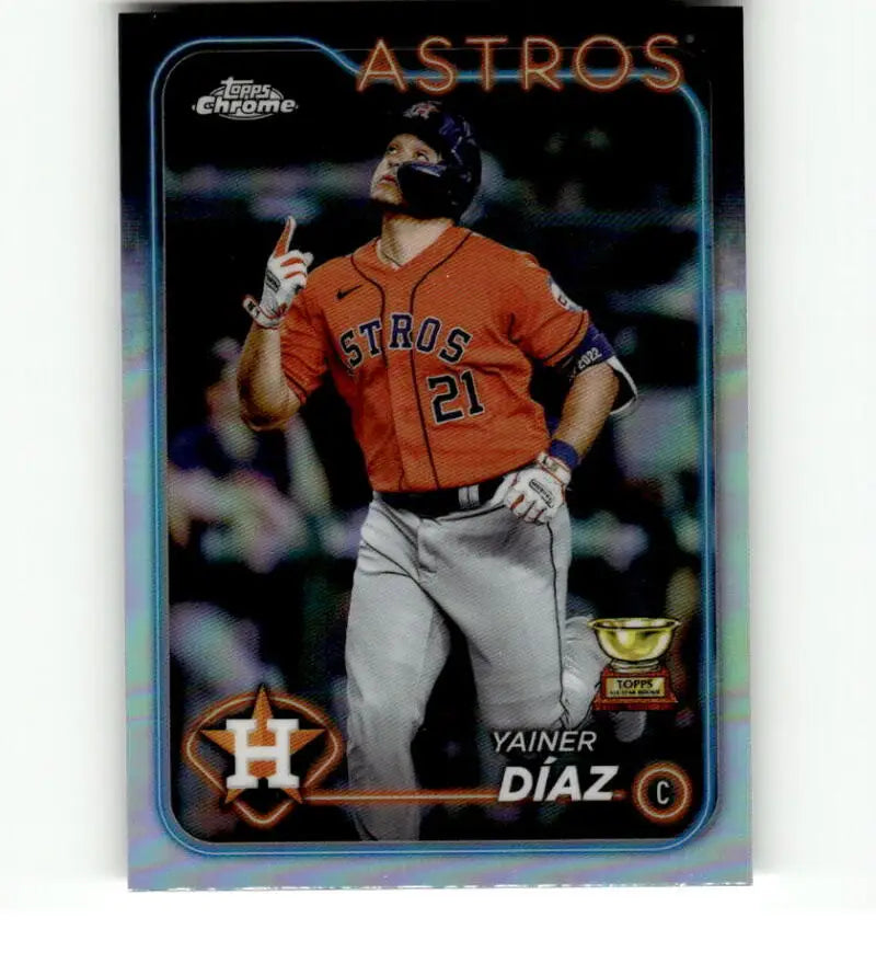 Baseball card of Yainer Diaz in orange jersey, 2024 Topps Chrome Refractor, Houston Astros