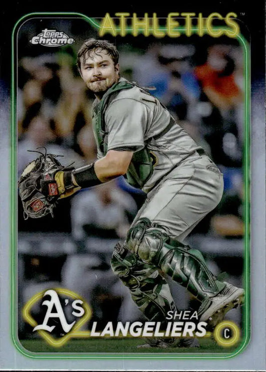 Shea Langeliers Oakland Athletics catcher in gray uniform on Topps Chrome Refractor card