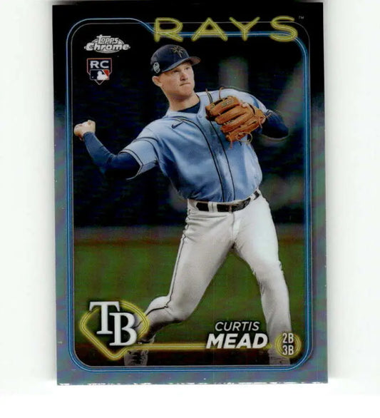 Curtis Mead in throwing motion on 2024 Topps Chrome Refractor Tampa Bay Rays card