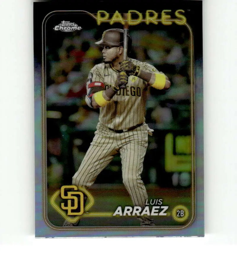 Chrome-finish baseball card of San Diego Padres player Luis Arraez at bat in pinstripes