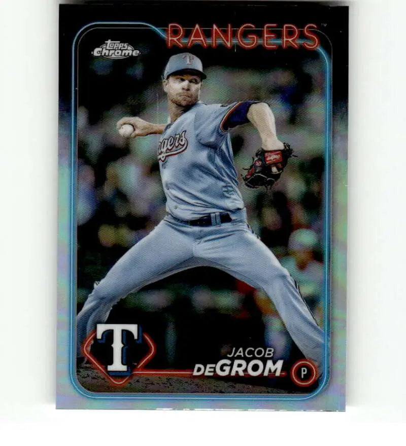 Jacob deGrom mid-throw in gray Texas Rangers uniform baseball card from 2024 Topps Chrome