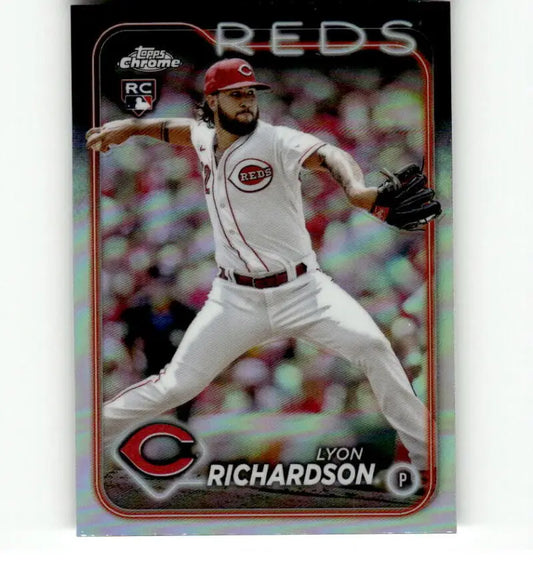 Cincinnati Reds Lyon Richardson in mid-throw on 2024 Topps Chrome Refractor baseball card