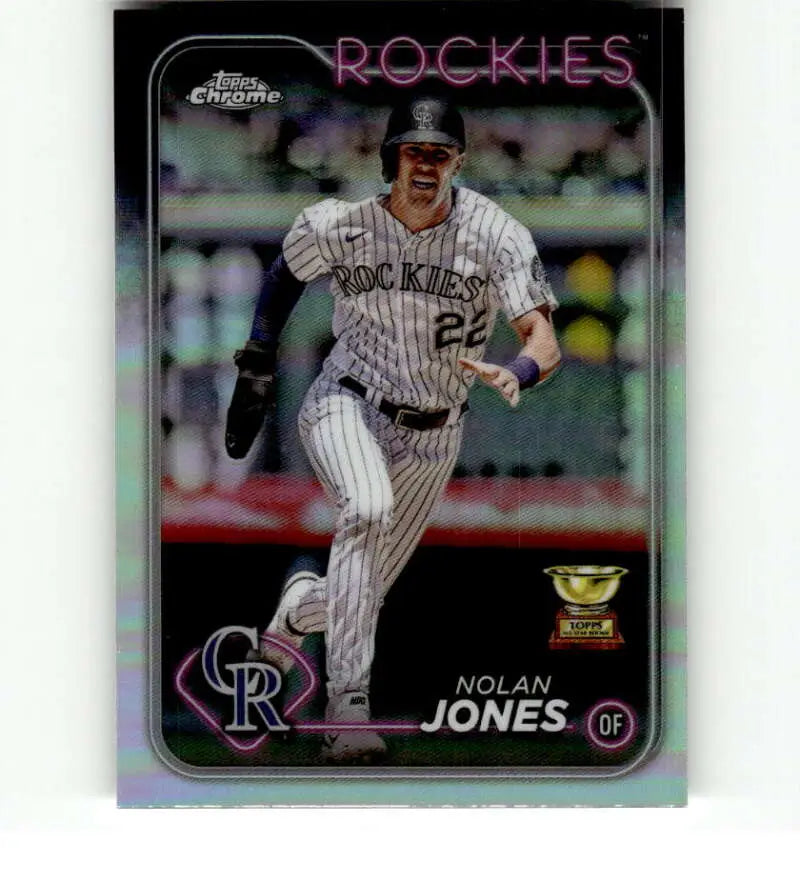 Nolan Jones Colorado Rockies player in pinstripe uniform on 2024 Topps Chrome Refractor card