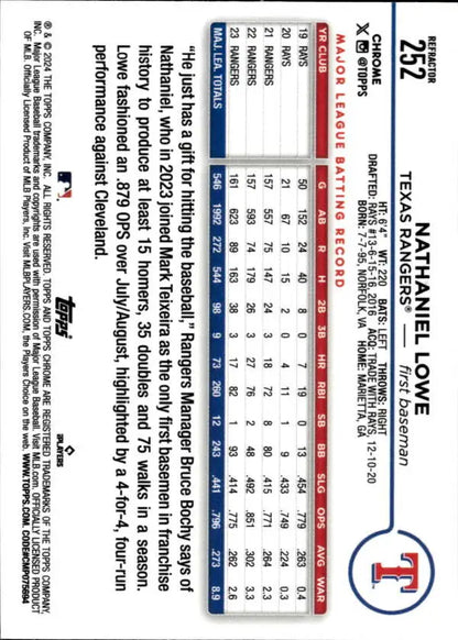 Back of 2024 Topps Chrome Refractor #252 Nathaniel Lowe Texas Rangers Baseball Card stats