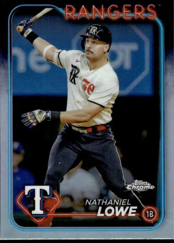 Baseball card of Nathaniel Lowe in batting stance, Topps Chrome Refractor Texas Rangers