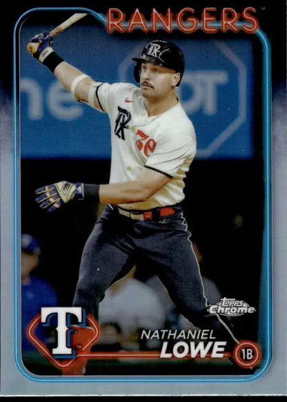 Baseball card of Nathaniel Lowe in batting stance, Topps Chrome Refractor Texas Rangers