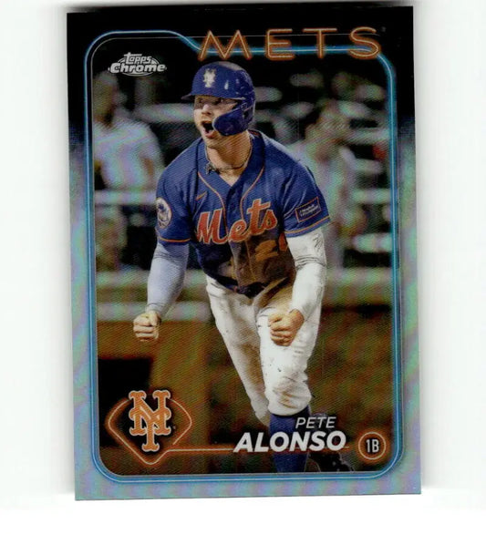 Pete Alonso in blue jersey celebrating on 2024 Topps Chrome Refractor baseball card